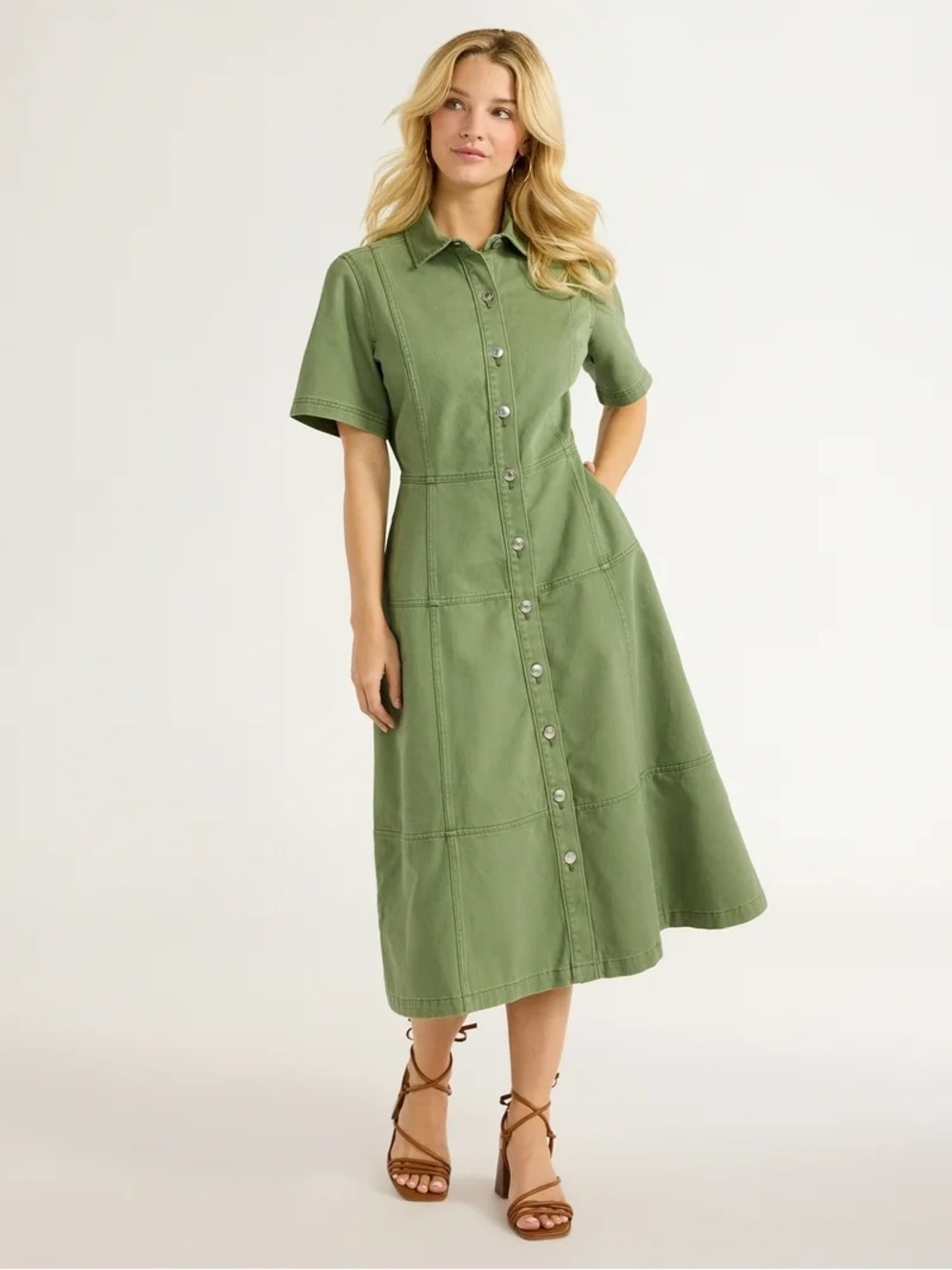 Olive Green Button-Front Maxi Shirt Dress